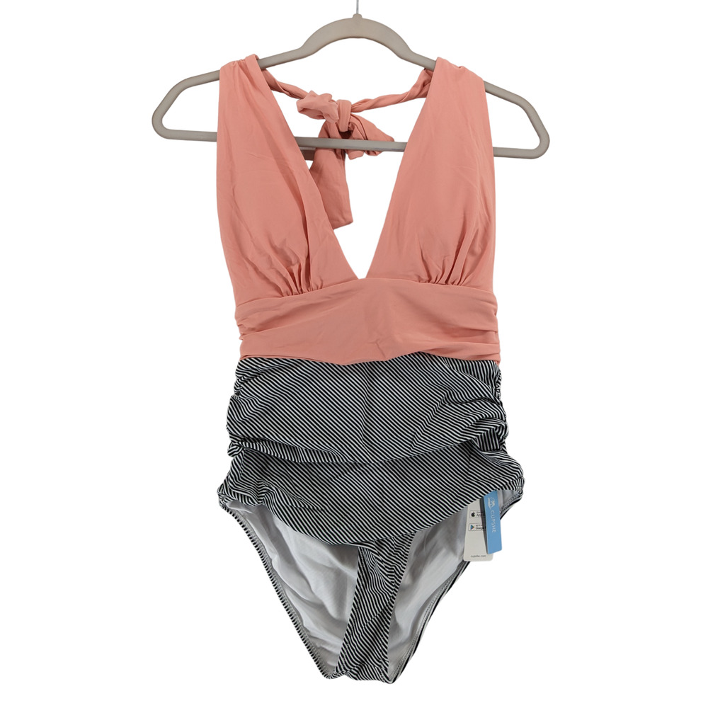 Cupshe One Piece Swimsuit M Pink Halter Plunging Neck Ruched Striped Bottom Swim